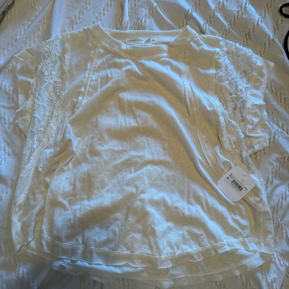 Altar'd State White Short Sleeve Tee with Lace Trim